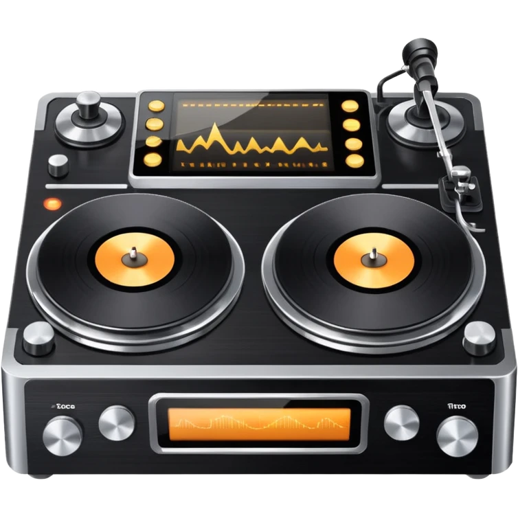A dual turntable deck with glowing knobs and waveform screens.
 emoji
