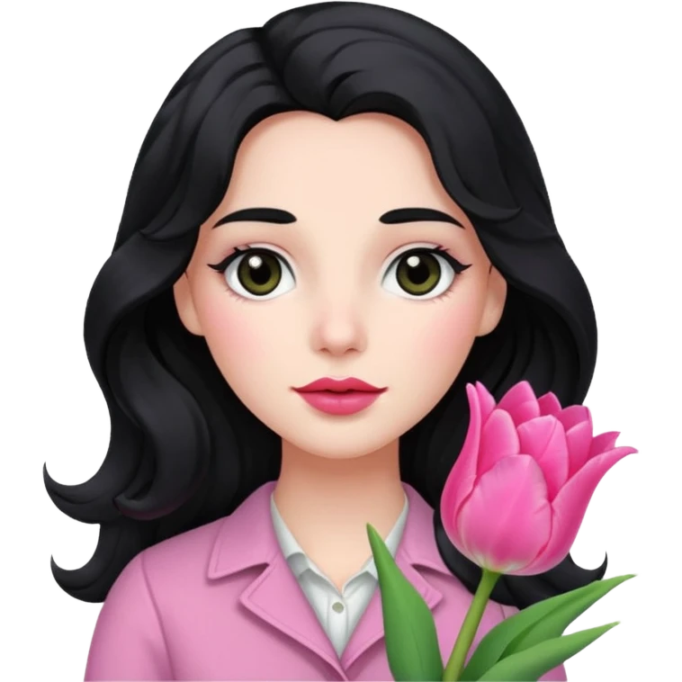 Long black wavy hair black eyes and I small tinted pink lips with some pink blush and holding a tulip emoji
