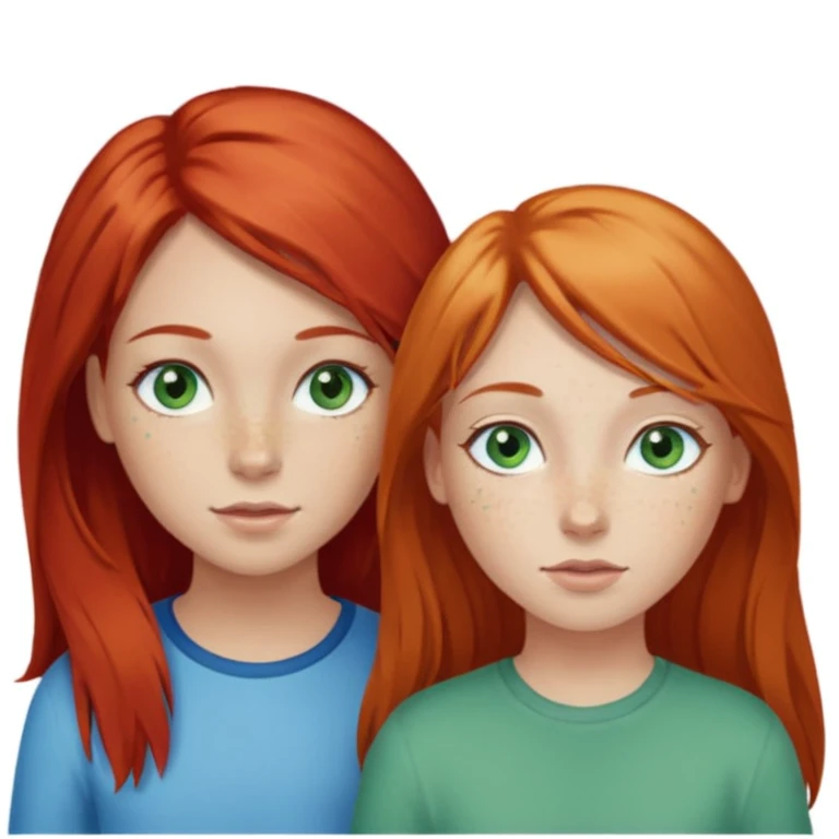 Deux filles celle à gauche à les cheveux roux et la peau claire avec des tâche de rousseur et les yeux bleu vert avec un peu de toutes les couleurs la fille à sa droite est un tout petit peu plus petite à les cheveux blonds long il les yeux verts emoji