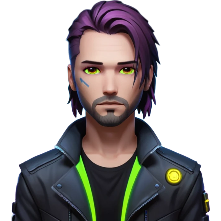 Jony Silverhand from Cyberpunk 2077, cityscape with neon lights, close-up portrait emoji