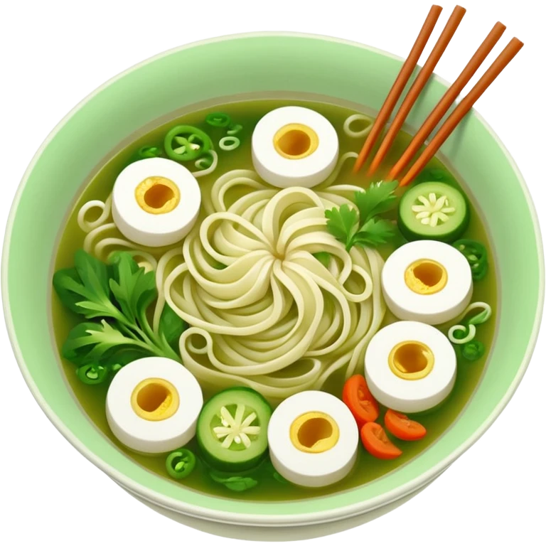 create khmer noodle emoji with green broth and white noodle with vegetable emoji