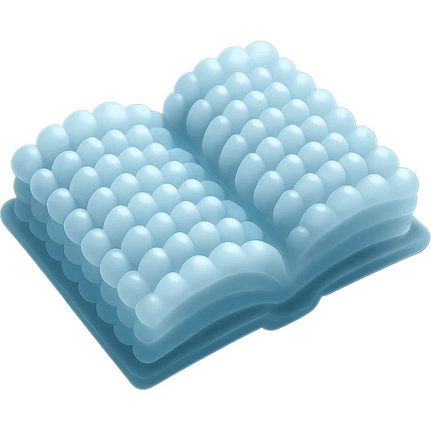 top view of a thick open book made entirely of small, very bright white fluffy convex clouds, matte glass style emoji