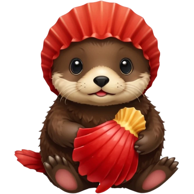 baby sea otter pup holding a red scallop shell emoji