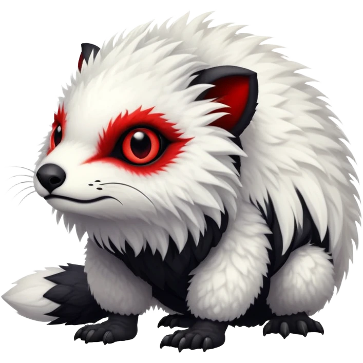 a fuzzy white with black belly and red eyes exotic edgy vernid-fionbri-creature full body emoji