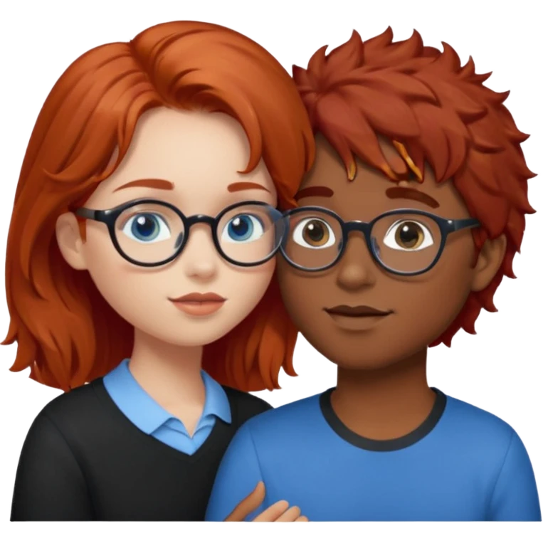 red hair girl with blue eyes kissing the boy with brown fluffy hair and glasses round and brown eyes emoji