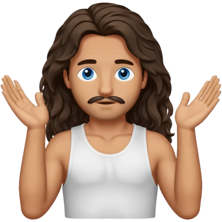 Men with olive skin, blue eyes, brown dark insanely wavy long hair, white camisole, left hand palm up crossing arms in front of face emoji