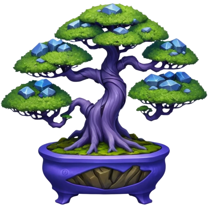 Futuristic wild glowing space alien moss maples shohin Bonsai hair-pine-leaf group multi faceted intricate crystalline inspired boxwood purple blue informal rocky cliffhanger eight trees forest planting in shallow willow slab style pot with big animal-like feet  emoji