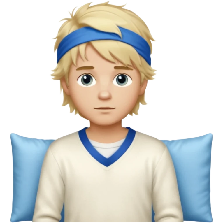 Create a look for a blond boy with long, tousled hair, light eyes, a white sweater, a wealthy appearance, blue eyes, and accessories like a Rolex or Cartier watch, and a cute face with messy hair down. blue eyes + headband white + pajama emoji