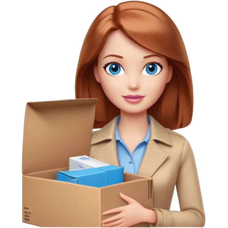 Barbie, eyes are blue, shoulder-length reddish-brown hair, holds a package box, Barbie is wearing beige and brown colored clothes emoji