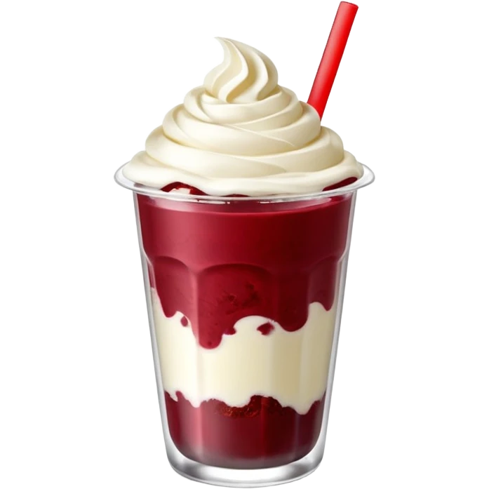 crea una bebida de red velvet con bolitas de yogurt como topping en vaso de plastico con popote emoji