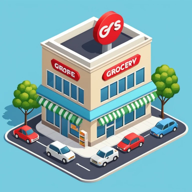 Isometric grocery store building with large windows, parking area, and store signage emoji