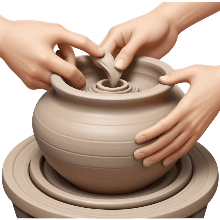 Two hands shaping a clay vessel on a silver pottery wheel, one hand inside and one hand outside the vessel, clean and focused view with no splashing clay emoji