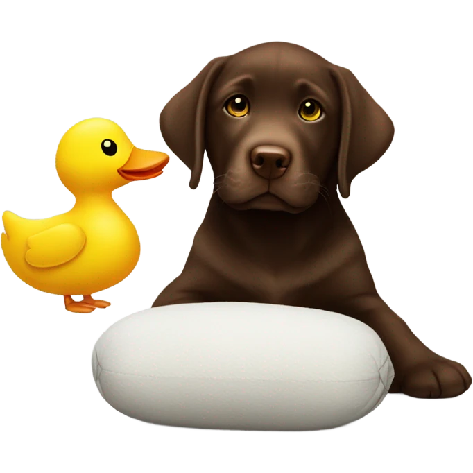 Chocolate lab puppy with big yellow duck plush toy emoji