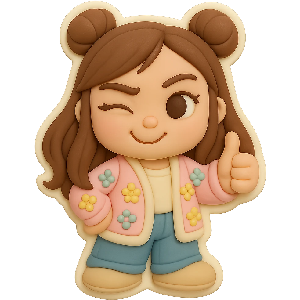 3D chibi fondant cake art style, high-quality rendering with smooth shadows and soft gradients. Girl based on reference image, preserving facial features and eye shape exactly as in the 'thumbs down' sticker. Long brown hair in two space buns, brown eyes, jeans, pastel floral cardigan, shoes. Thumbs up, winking playfully. Thick white outline like a sticker, transparent background. Ensure the face, hairstyle, eye shape, and shoes match the reference exactly. emoji