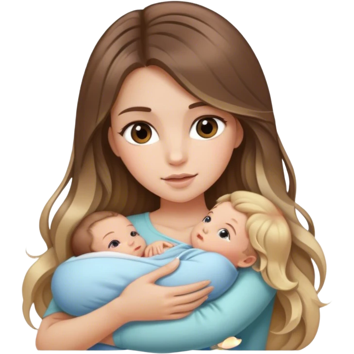 White girl with long voluminous brown hair with blonde highlights balayage holding newborn  emoji