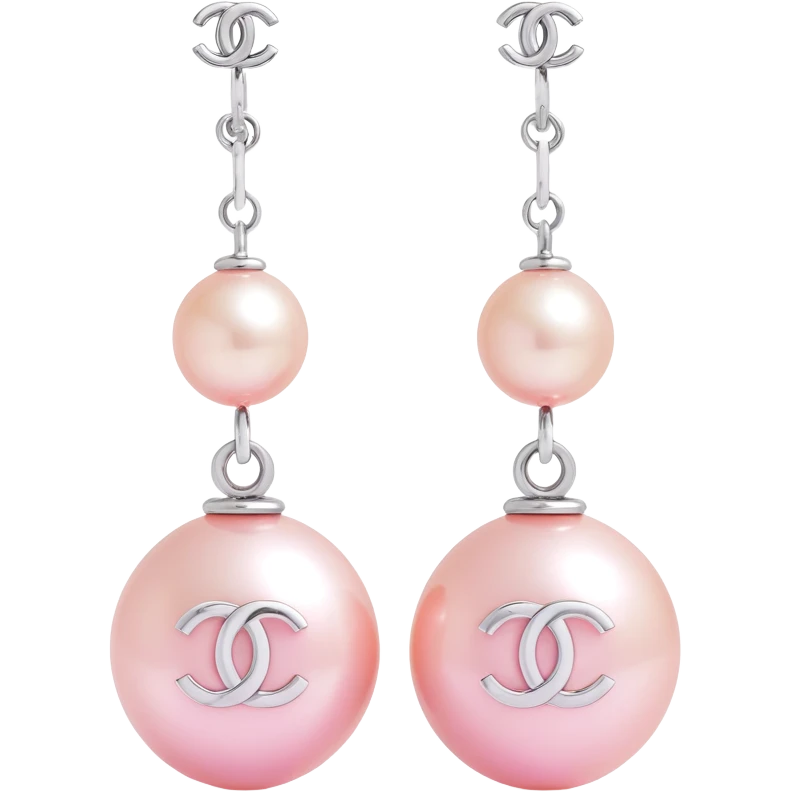 3D emoji-style pink pearl drop earrings with a small silver Chanel logo charm, elegant emoji