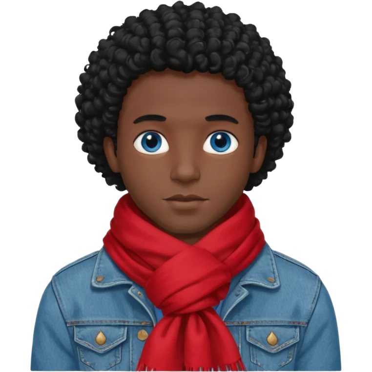 black skin man, curly black hair wear big red scraft, jean jacket emoji