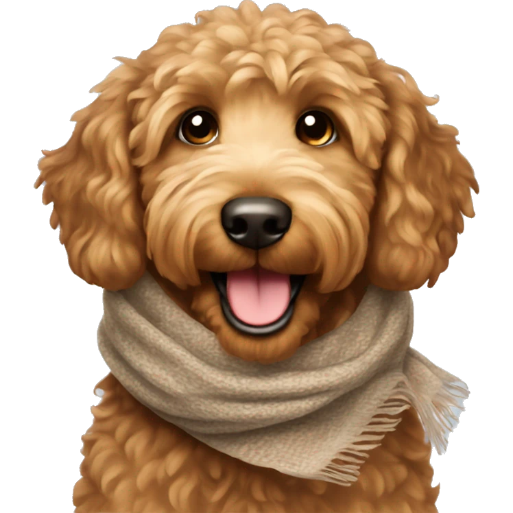 Brown golden doodle wearing a scarf smiling emoji