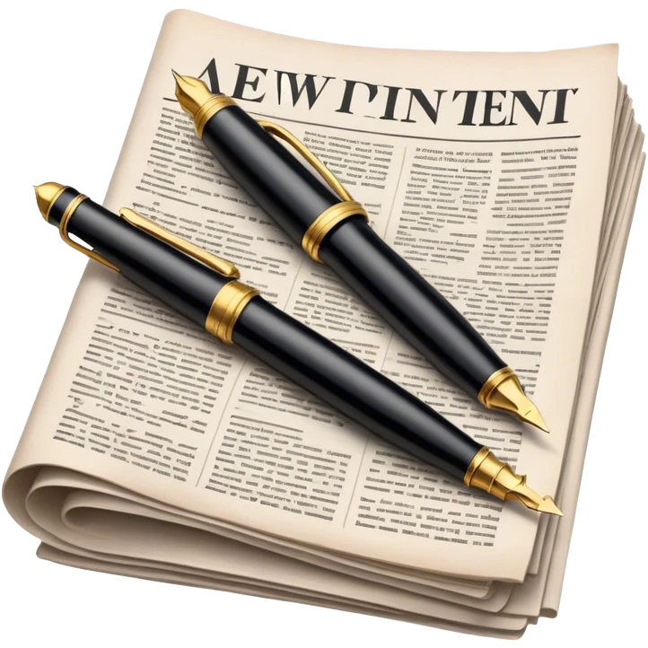 Create an emoji representing journalism and publicistic writing. The design should feature an open newspaper or a stack of articles with visible text columns, symbolizing opinion pieces and analysis. A classic fountain pen or ballpoint pen should be placed near the papers, indicating the act of writing. Optionally, include a small microphone or a press badge to emphasize investigative and journalistic aspects. Use neutral and professional colors like black, white, and muted blue or red. Do not include any emojis or smiley faces. Make the background transparent. emoji