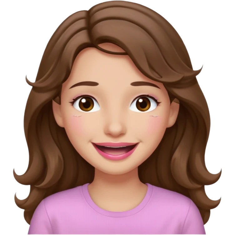 girl with wavy long brown hair, brown eyes, light to medium complexion, long lashes, light pink lipstick, wearing light pink shirt, smiling, crying, laughing, tears emoji