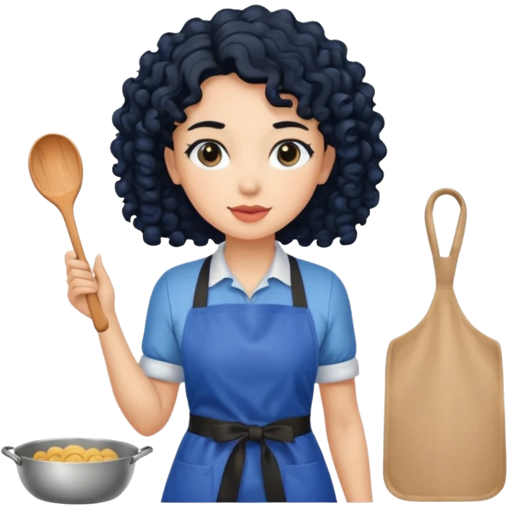 woman with curly black hair in blue apron emoji