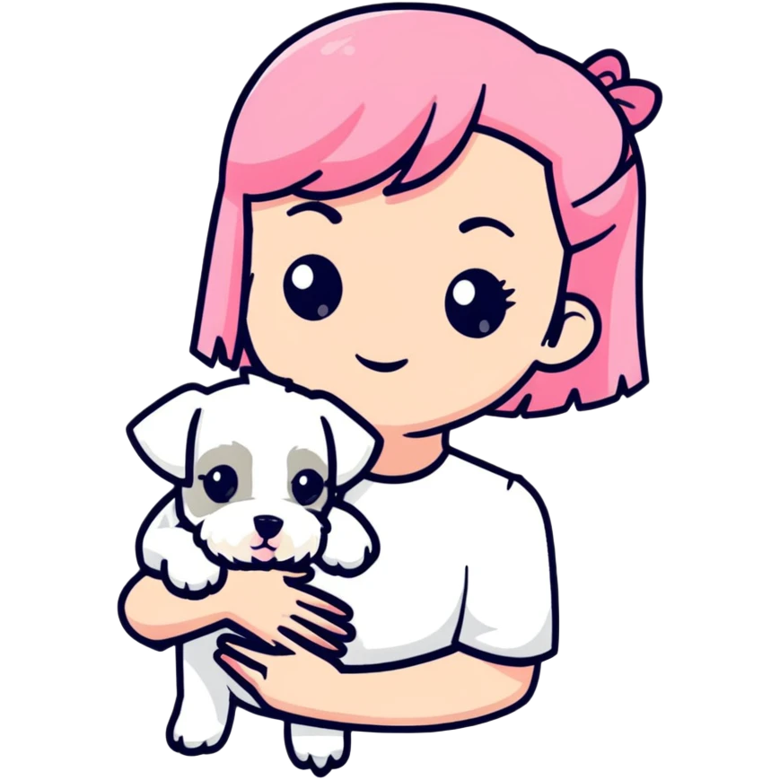 Pink-haired girl holding a white schnauzer dog emoji