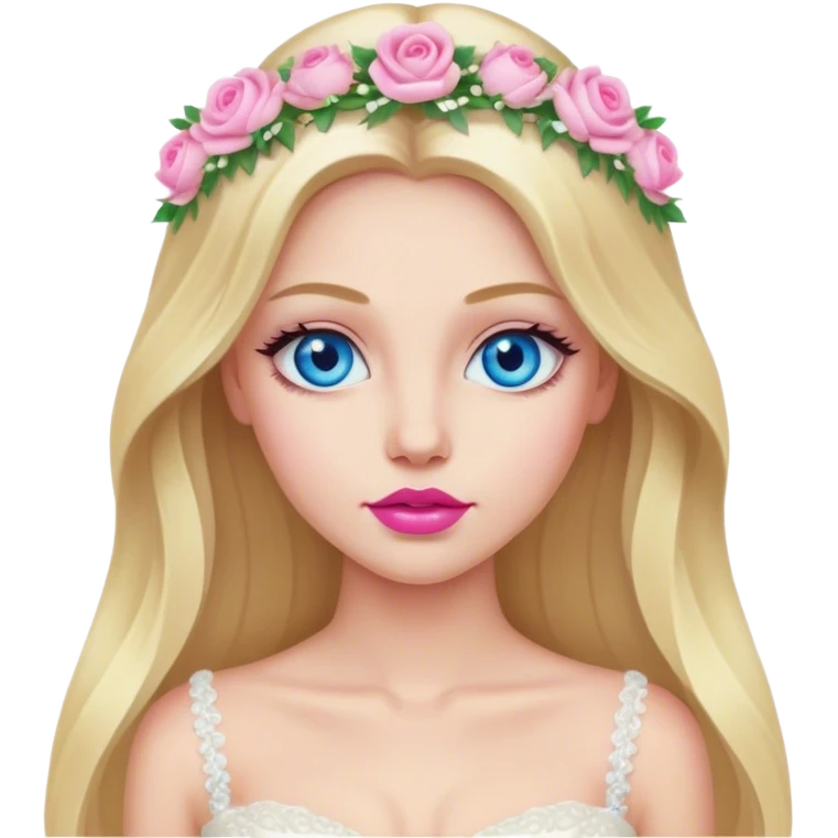 Cinematic realistic blonde with long hair, blue eyes and pink lips in a wedding dress emoji