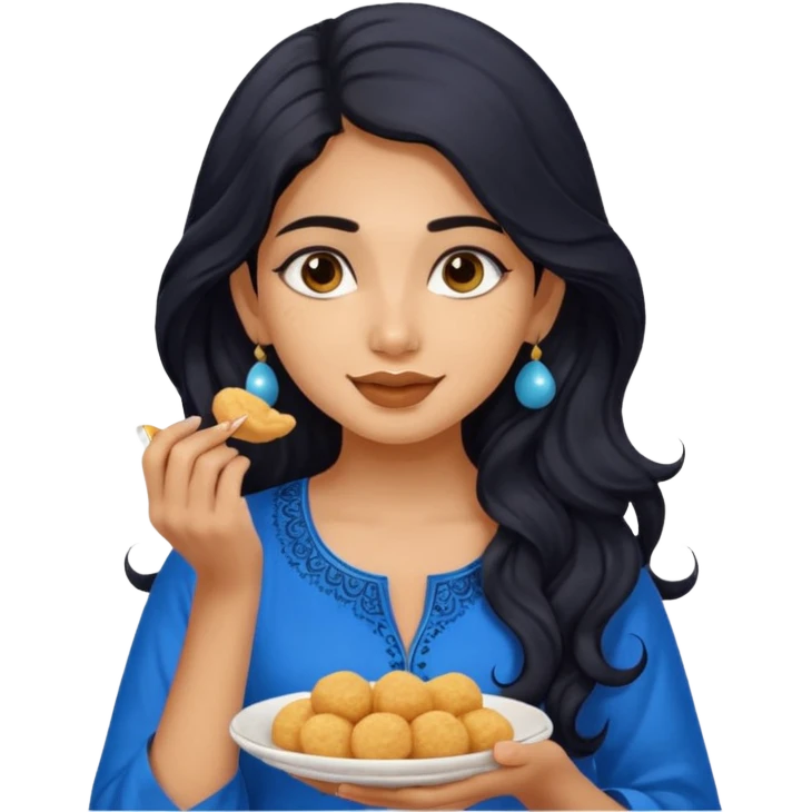 a pretty tan indian bratz girl with wavy long BLACK hair. eyeliner on, wearing a blue kurti, eating golgappa. NO SPOON emoji