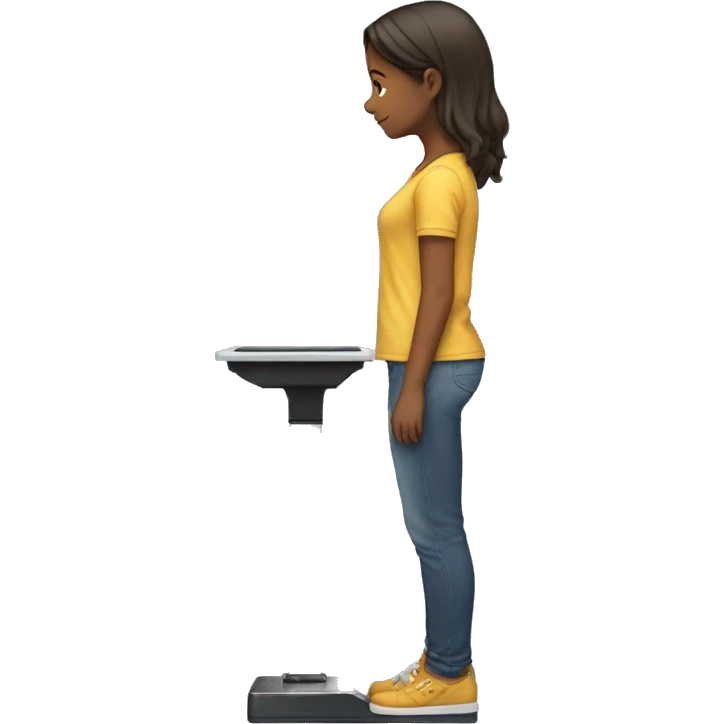 Side view of a girl standing on a scale, looking down, wearing casual clothes emoji