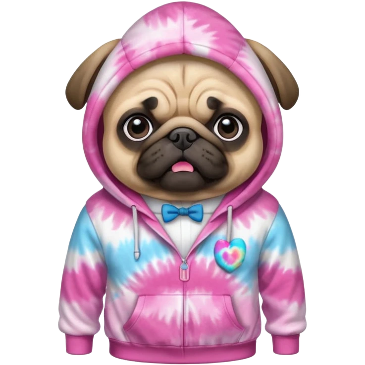 A pug wearing a pink and white tie die hoodie emoji