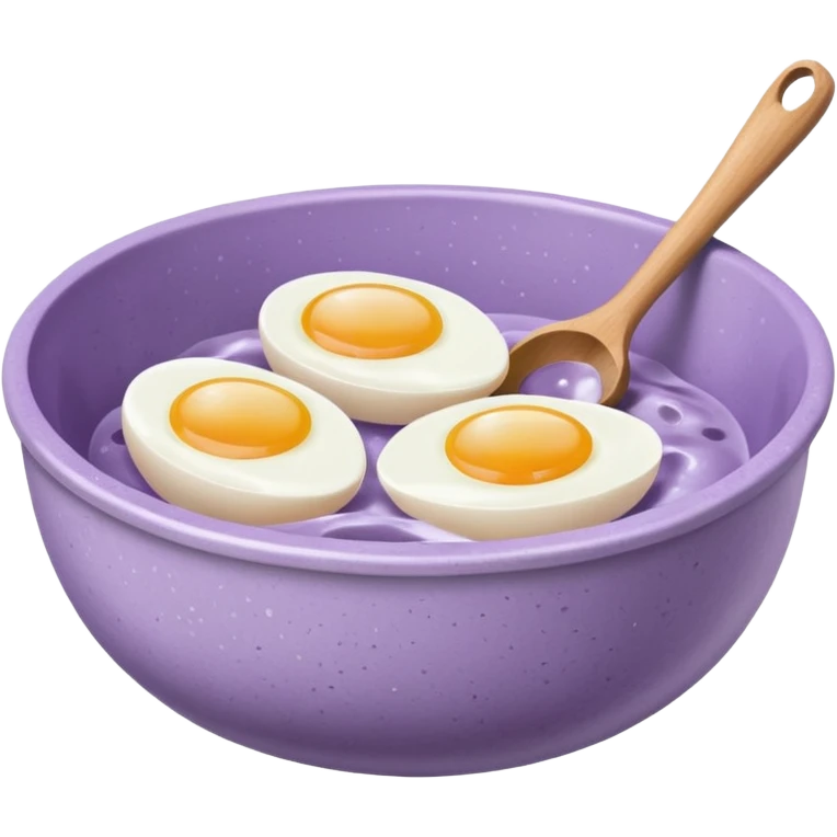 a lilac ceramic mixing bowl with a wooden spoon stirring and sitting next to it is a few eggs emoji