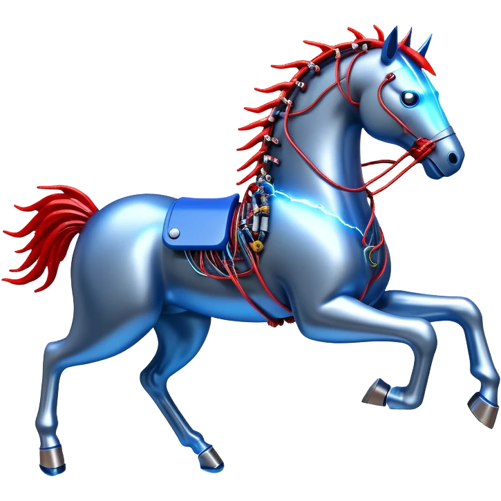 fast electric horse made of electricity, metal plates, bolts, visible blue and red wires, lightning surrounding it emoji