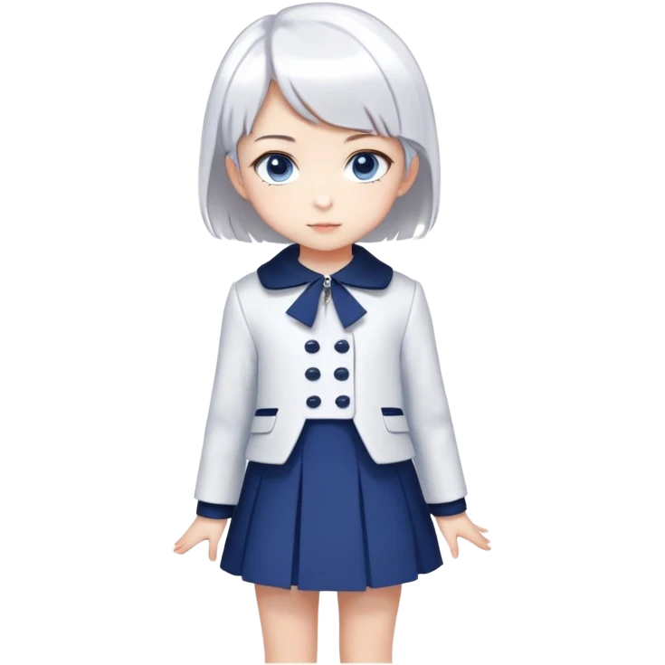 Create image A cute little girl. Silver white short hair, navy blue and white modren dress with a very elegant coat and very short skirt, Blue eyes, Anime style.

 emoji