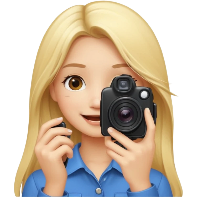 blonde girl photographer cartoon taking picture in middle of taking picture camera in front of face long hair smiling funny flash professional camer emoji