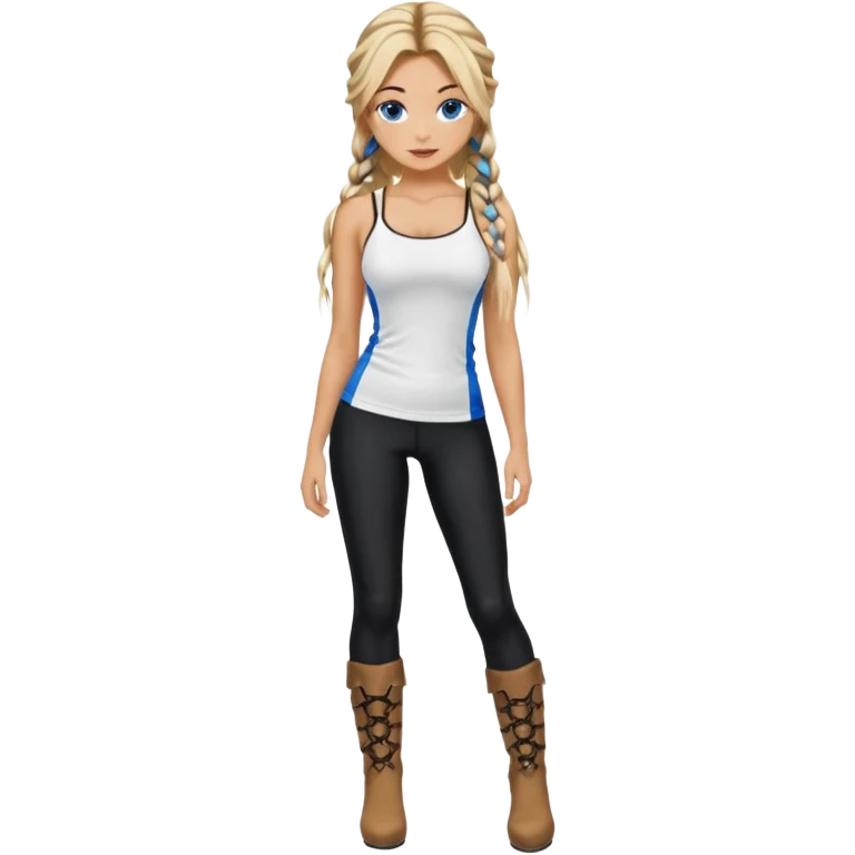 Blonde balayage  With highlights long hair half braids women with blue eyes wearing White Spaghetti top and black Leggins and Boots with heels emoji