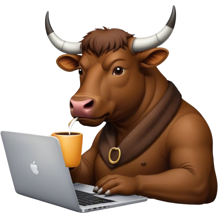 Сосредоточенный бык сидит за ноутбуком и пьёт кофе emoji