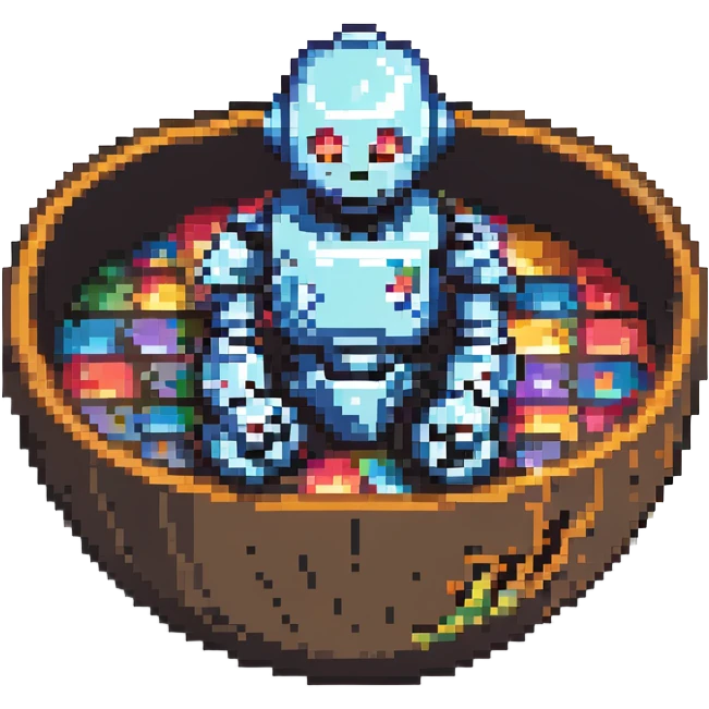robot sitting inside a bowl, pixel art style emoji