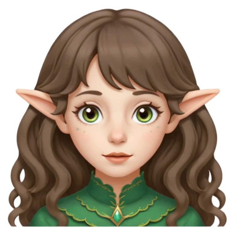 A young woman with medium length brunette wavy hair, with curtain bangs. Has pale ivory skin, rosy cheeks, and has freckles dusting the cheeks and nose. Has hazel green/gray eyes, and long elf ears. emoji