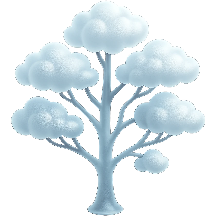 one tree with many branches and a white trunk, crown made of small very bright white fluffy convex clouds, matte glass style emoji