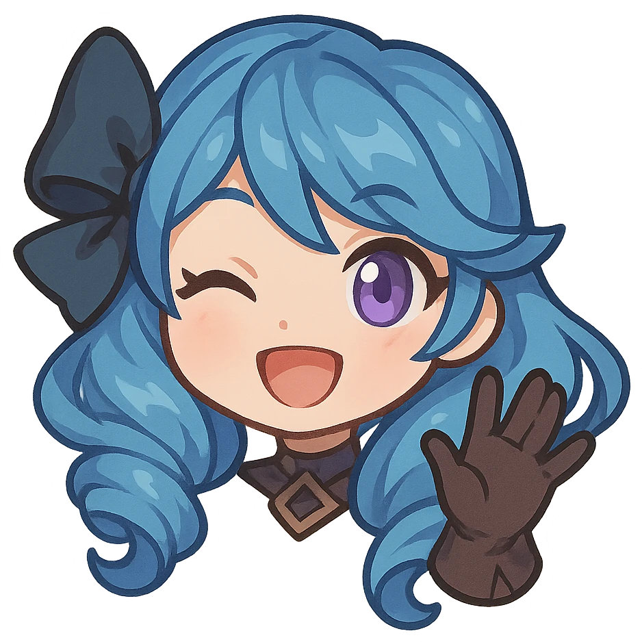 chibi style Gwen from League of Legends, only head, right eye purple, one hand waving with glove, smiling and energetic emoji