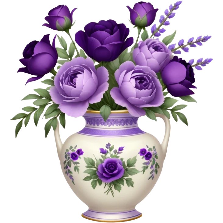 A dainty porcelain vase, hand-painted with delicate lavender pansies and deep purple roses, holds an elegant bouquet of amethyst-hued peonies, fragrant sprigs of wild lavender, and trailing silk ribbons, with a tiny heart-shaped charm dangling from its neck, swaying gently in the evening breeze.
 emoji