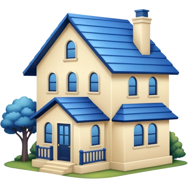 a creamy-colored house with dark blue trim and a blue roof emoji