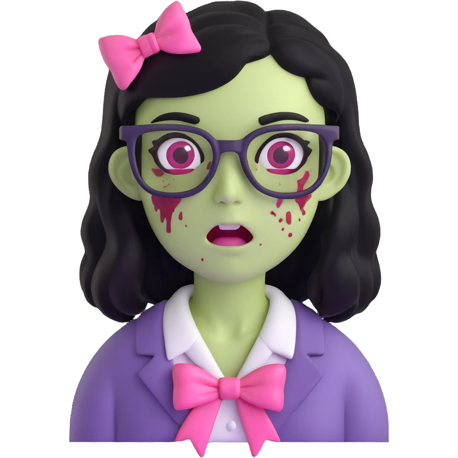 zombie with black hair, wearing glasses and a pink bow emoji