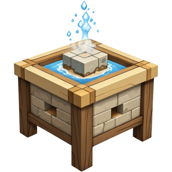 crafting table with tools, stone, wood, glass, sand, steam, water... like a minecraft style cube crafting table 100% like a minecraft table crafting emoji