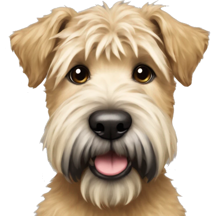 Wheaten terrier with a fluffy puppy haircut and black ears and chin emoji