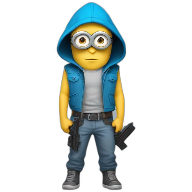 baby minion  in gray pants in a blue sleeveless shirt in a hood and with a collar with two pistols in both hands holds them on both sides raised emoji