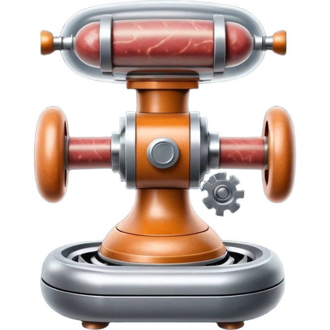 sausage-processing droid. retro-futuristic style. top is a circular industrial meat grinder with rotating gears and blades. Two robotic arms feed material into grinder. Sausage links extrude from the rear like  factory. The body is metallic, compact, and floats above the ground.no legs. Dark humor emoji