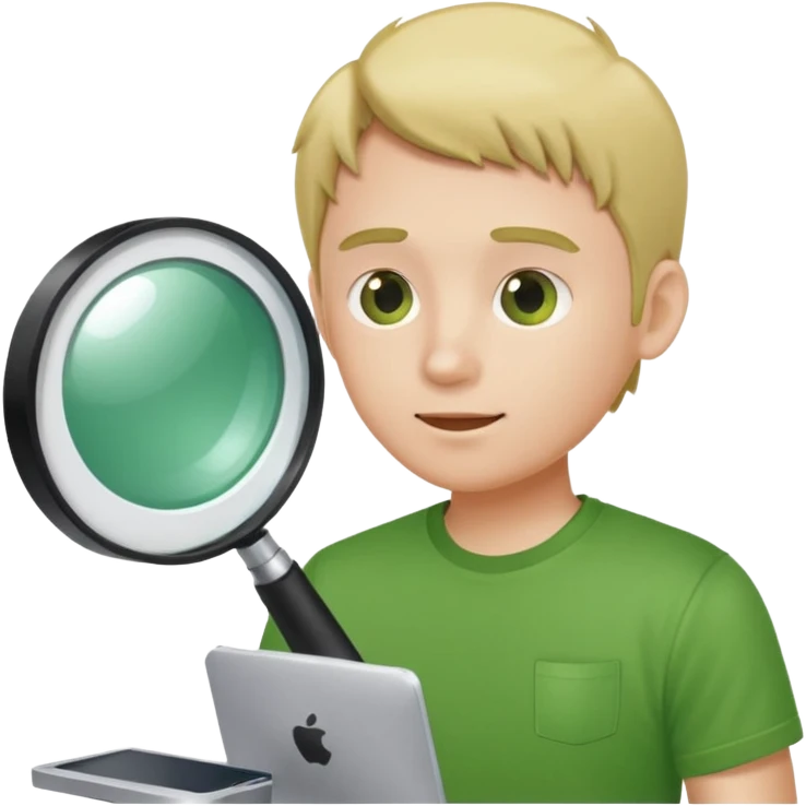 Человек в зеленой футболке , который смотрит в компьютер через лупу  emoji