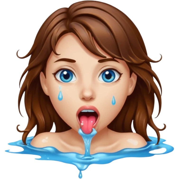 Girl with brown hair, blue eyes, a wet slimy face and her tongue out. Slimy water on her face, hair and tongue. emoji