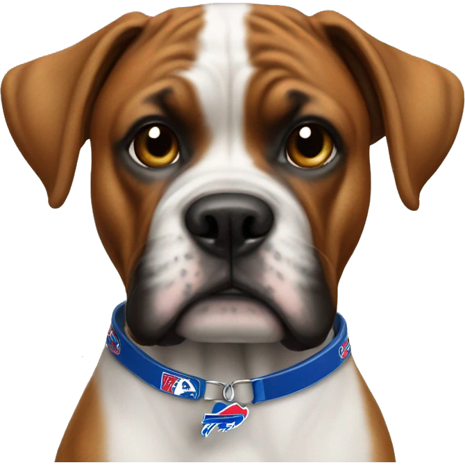 A dog, boxer, wearing buffalo bills gear necklace  emoji